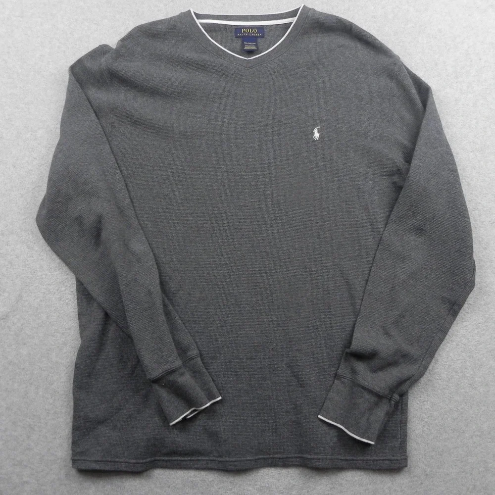 Polo Ralph Lauren Thermal Sweater Mens 2XL Gray Waffle Knit V-Neck Long Sleeve